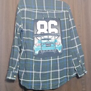 Upcycled Flannel with Sewn Tuner Cult Graphic